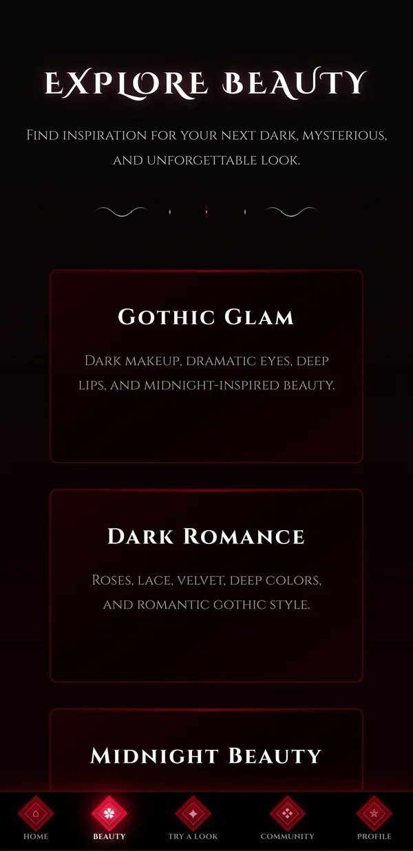 Explore Beauty screen listing Gothic Glam, Dark Romance and Midnight Beauty