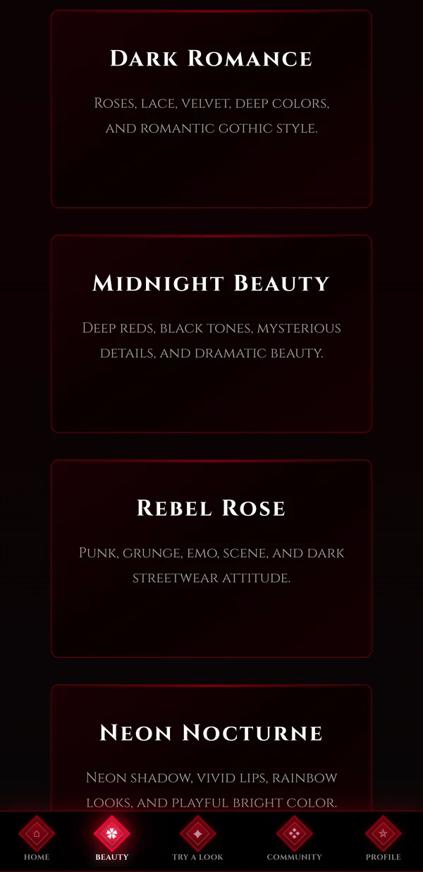 Explore Beauty screen listing Dark Romance, Midnight Beauty, Rebel Rose and Neon Nocturne