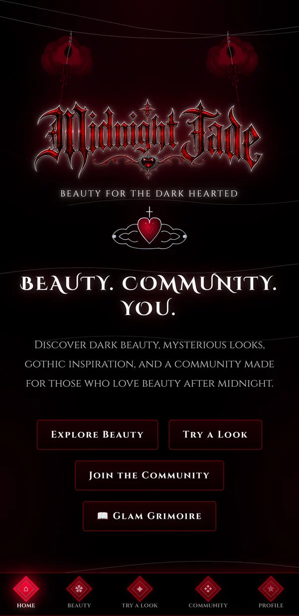 Midnight Jade home screen with the logo and Beauty. Community. You.