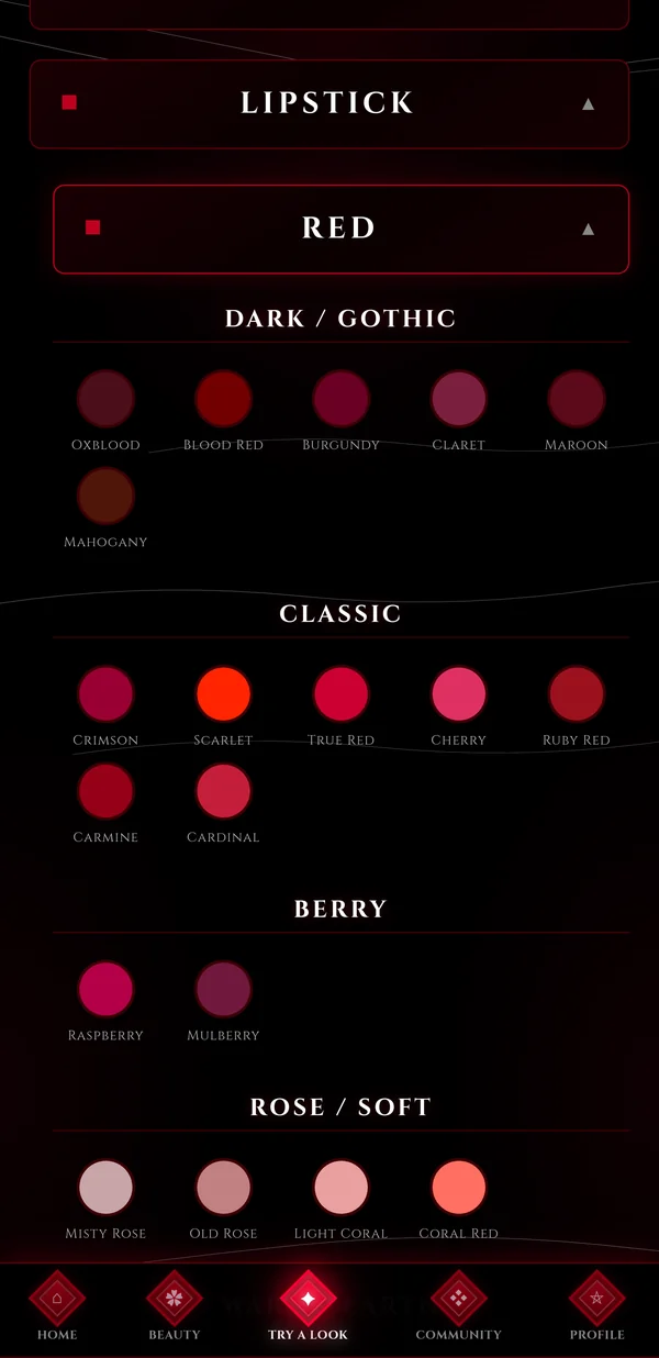 Try a Look shade library showing red lipstick shades such as Oxblood and Blood Red
