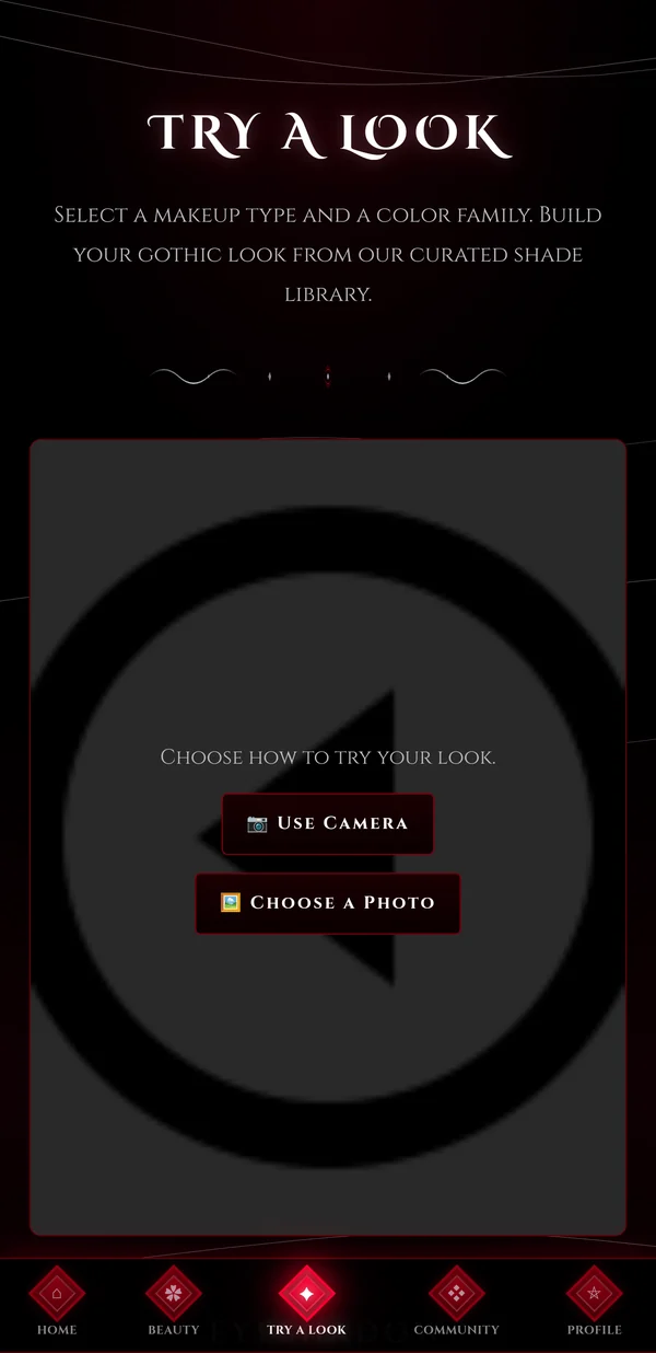 Try a Look screen in the Midnight Jade app with camera and photo options